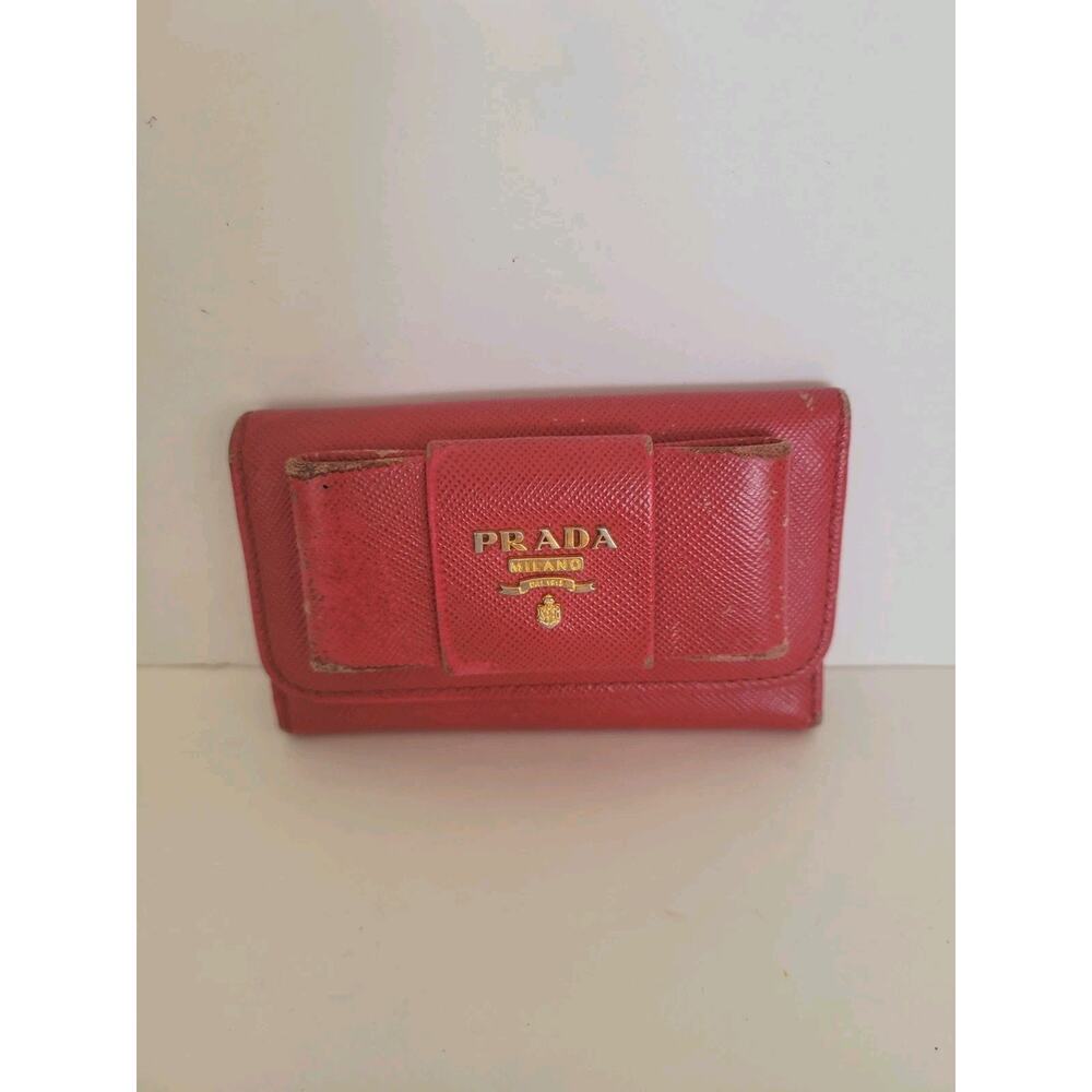 PRADA Leather Logo Wallet Small Pink Saffiano Compact Key Case Hooks Holder Bow